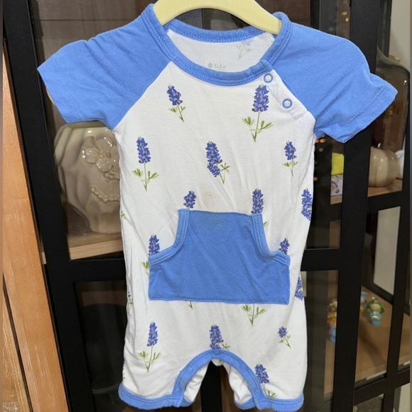 Kyte Baby shortall romper bamboo bluebonnets short sleeve girl periwinkle Texas - Picture 1 of 5